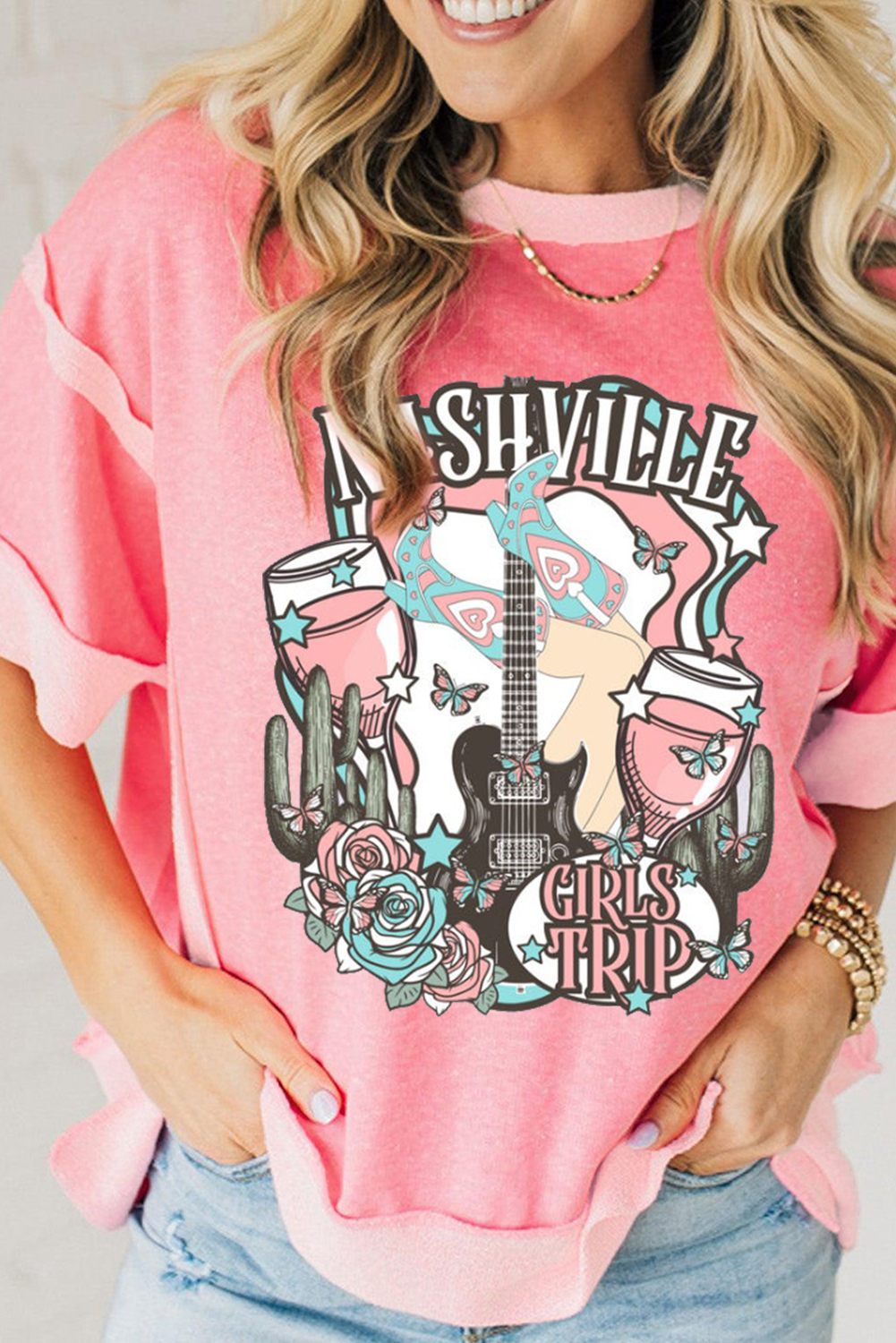 Peach Blossom Girls Trip Nashville Graphic Patchwork Loose T Shirt