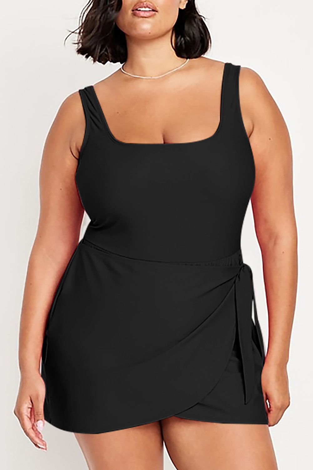 Black Solid Color Square Neck Knotted Plus Size One Piece Swimsuit