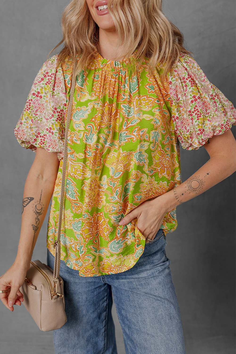 Multicolour Floral Print Patchwork Bubble Sleeve Blouse