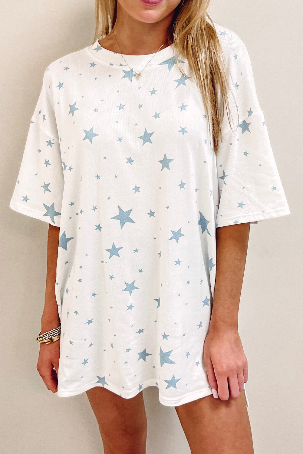 Sky Blue Stars Print Drop Shoulder Side Slit Oversized T Shirt