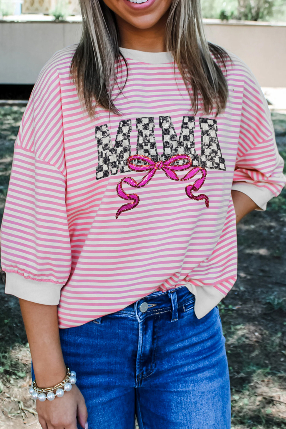 Pink Stripe MAMA Bow Graphic Drop Shoulder Half Sleeve Tee