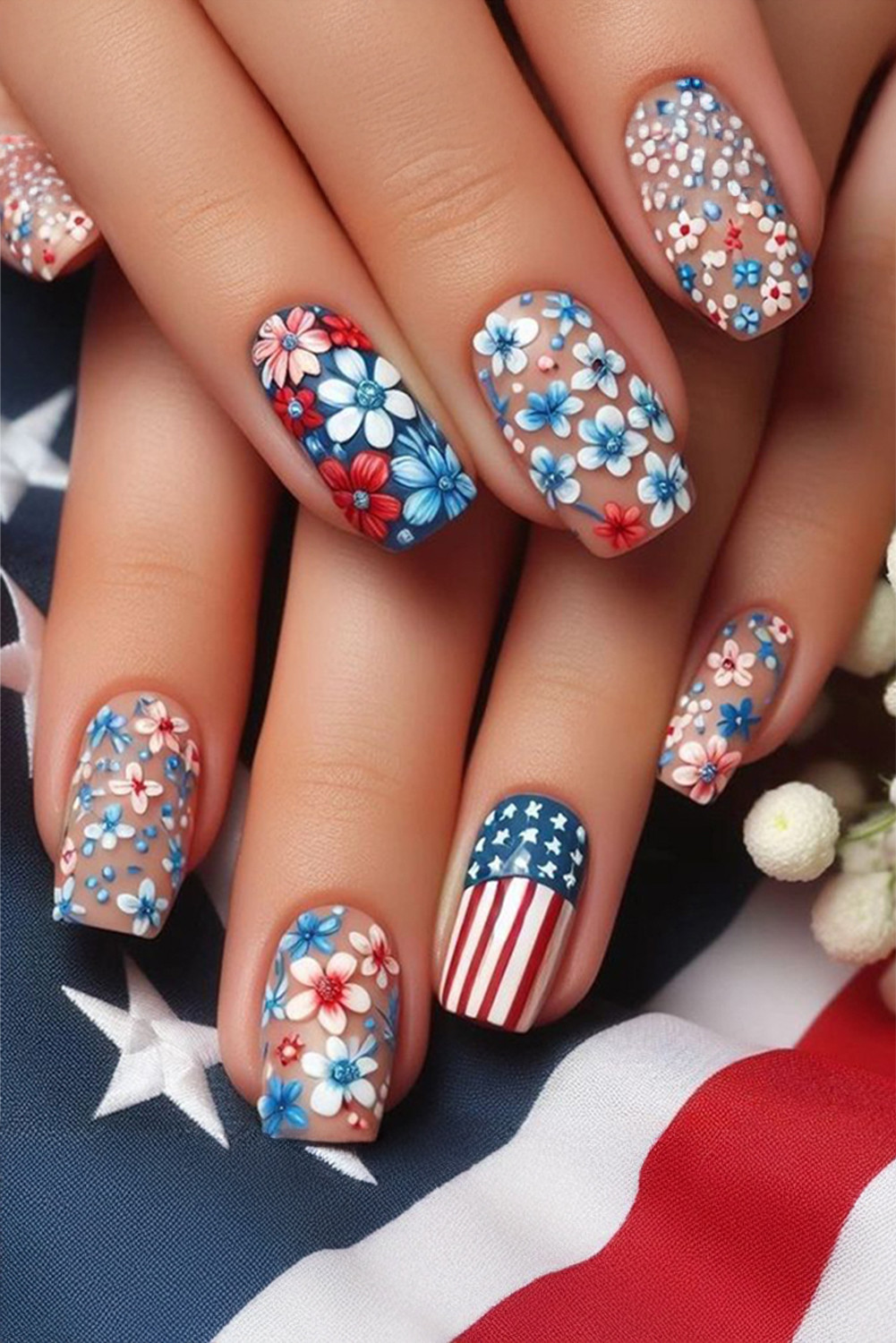 Sky Blue USA Flag Floral Nail Stickers