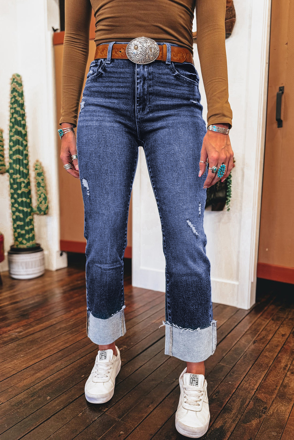 Shewin Wholesale Custom Logo Real Teal Folded Cuffs Distressed High Waist JEANS