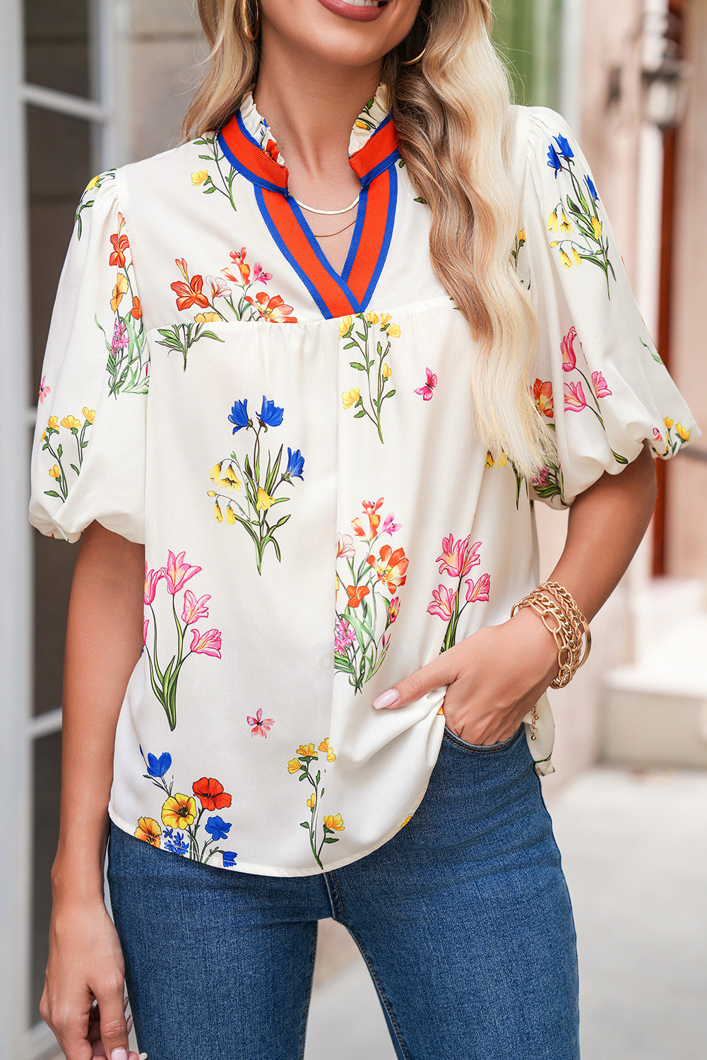 White Boho Floral Puff Sleeve Pop of Color Neckline Blouse