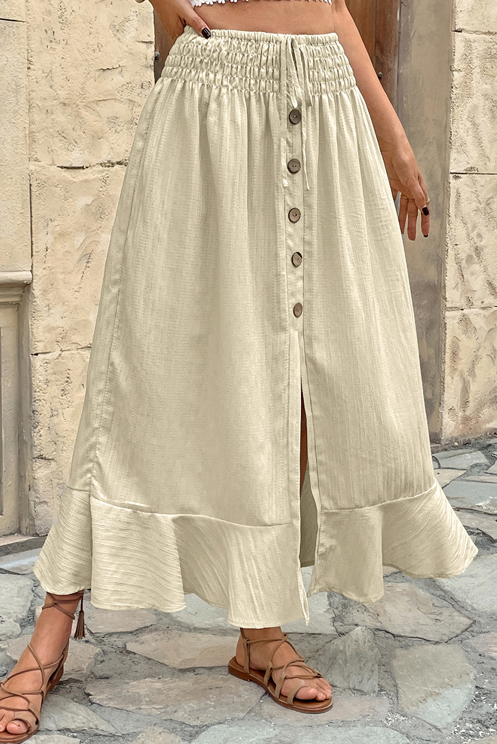 Shewin Wholesale Elegant Apricot Drawstring Waist Button Split SKIRT