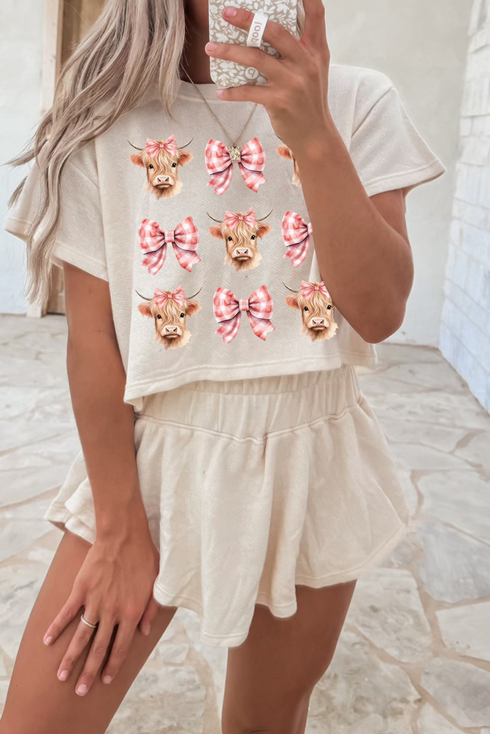 Beige Cows and Bows Cropped Tee and Skort Set