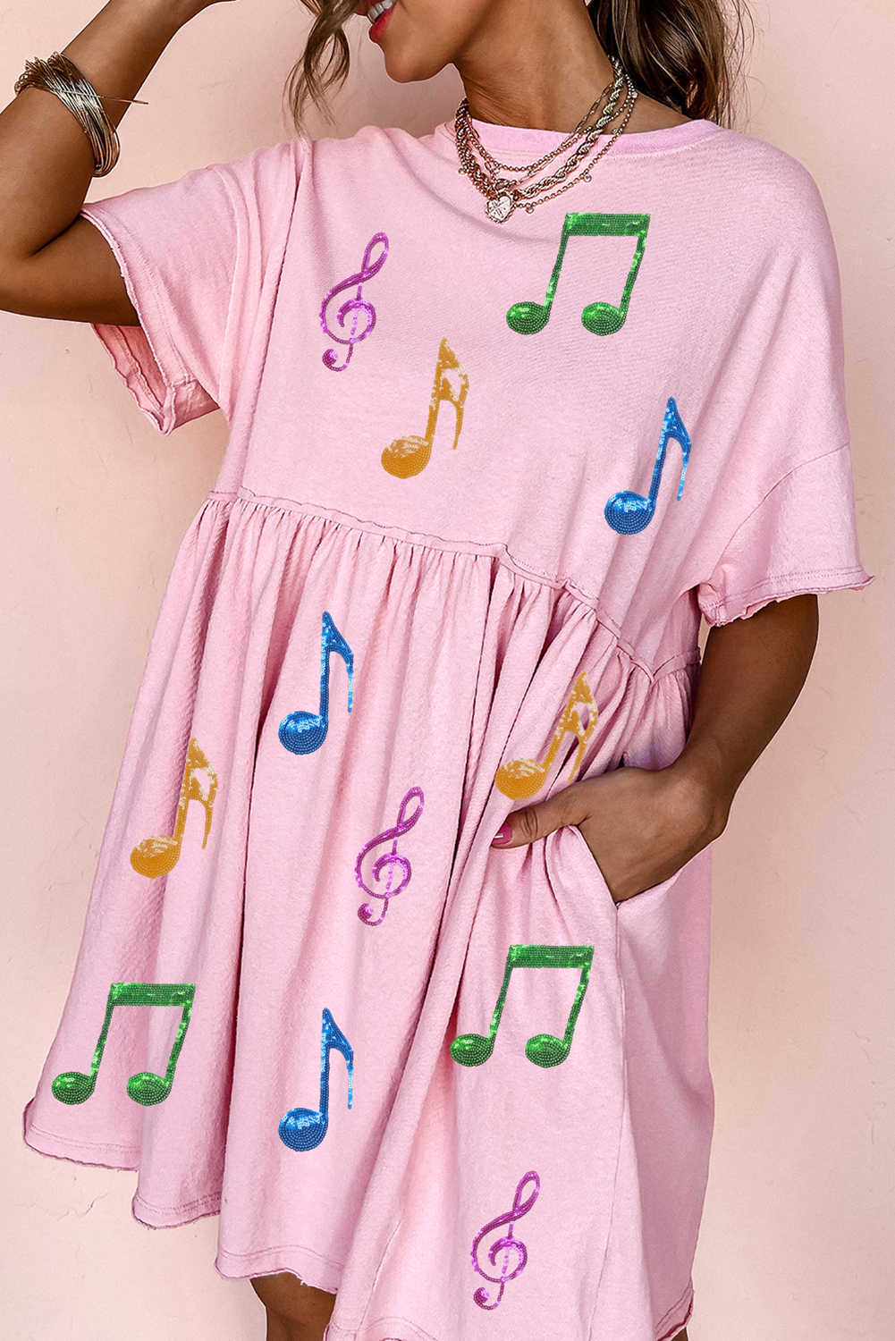 Light Pink Sequin Note Pattern Raw Edge Music Festival T Shirt Dress