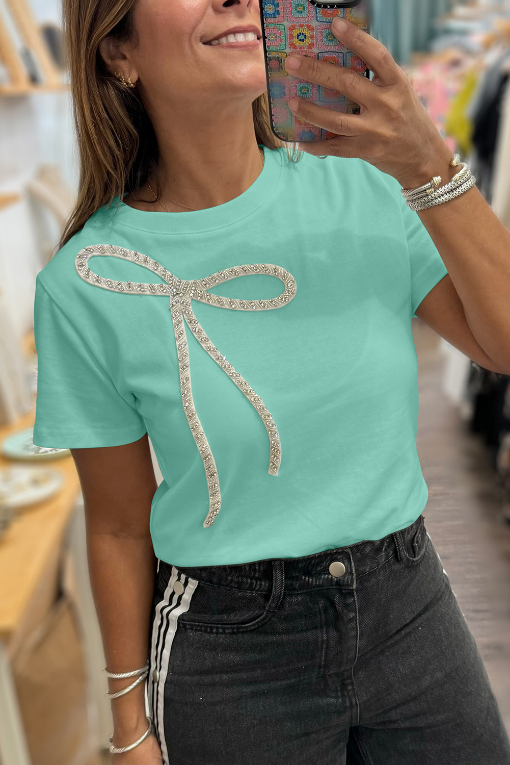 Mint Green Rhinestone Bow Embellished Crew Neck Tee