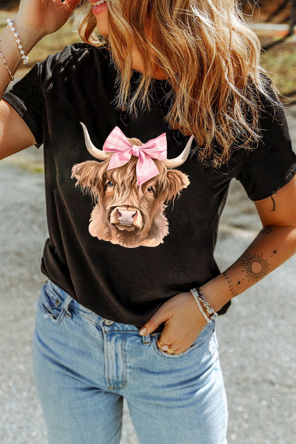 Black Bow Cow Head Graphic Western Fashion T Shirt