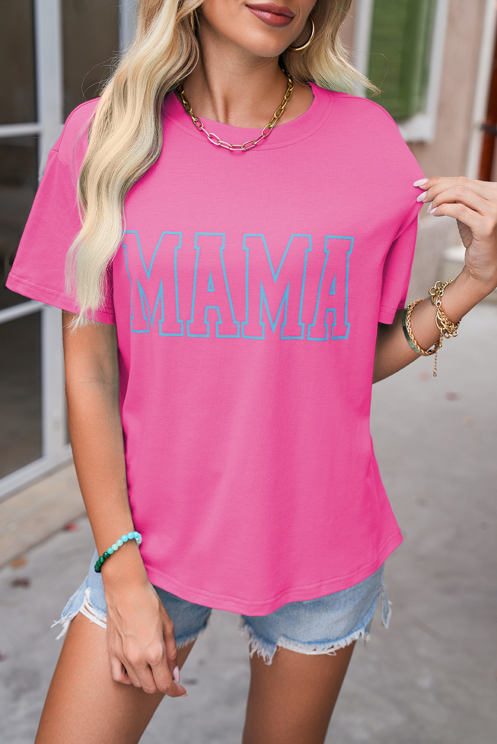 Shewin Wholesale Custom Logo Bright Pink MAMA Letter Graphic T SHIRT