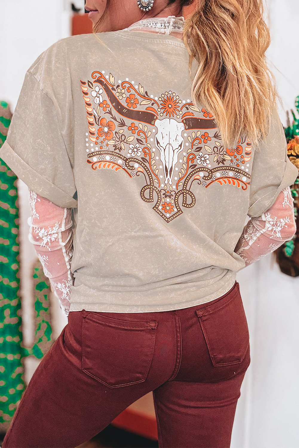 Shewin Wholesale Vendors Smoke Gray Mineral Wash Floral Bull Print VINTAGE Graphic Tee
