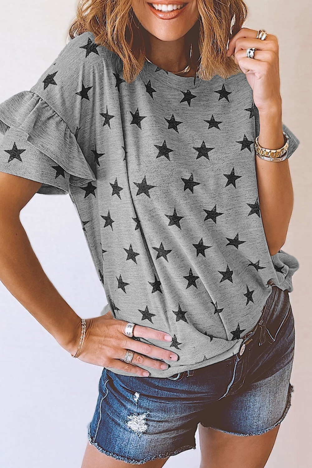 Gray Star Print Tiered Ruffle Sleeve Crew Neck T Shirt