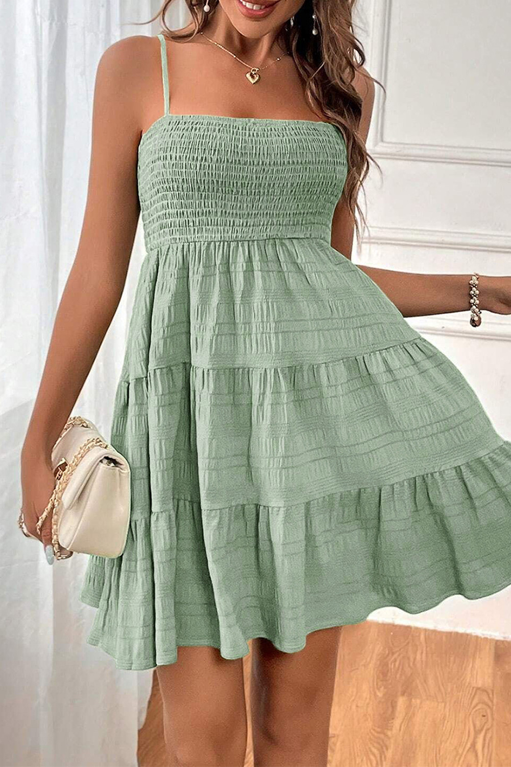 Smoke Green Solid Color Shirred Spaghetti Strap Textured Dress