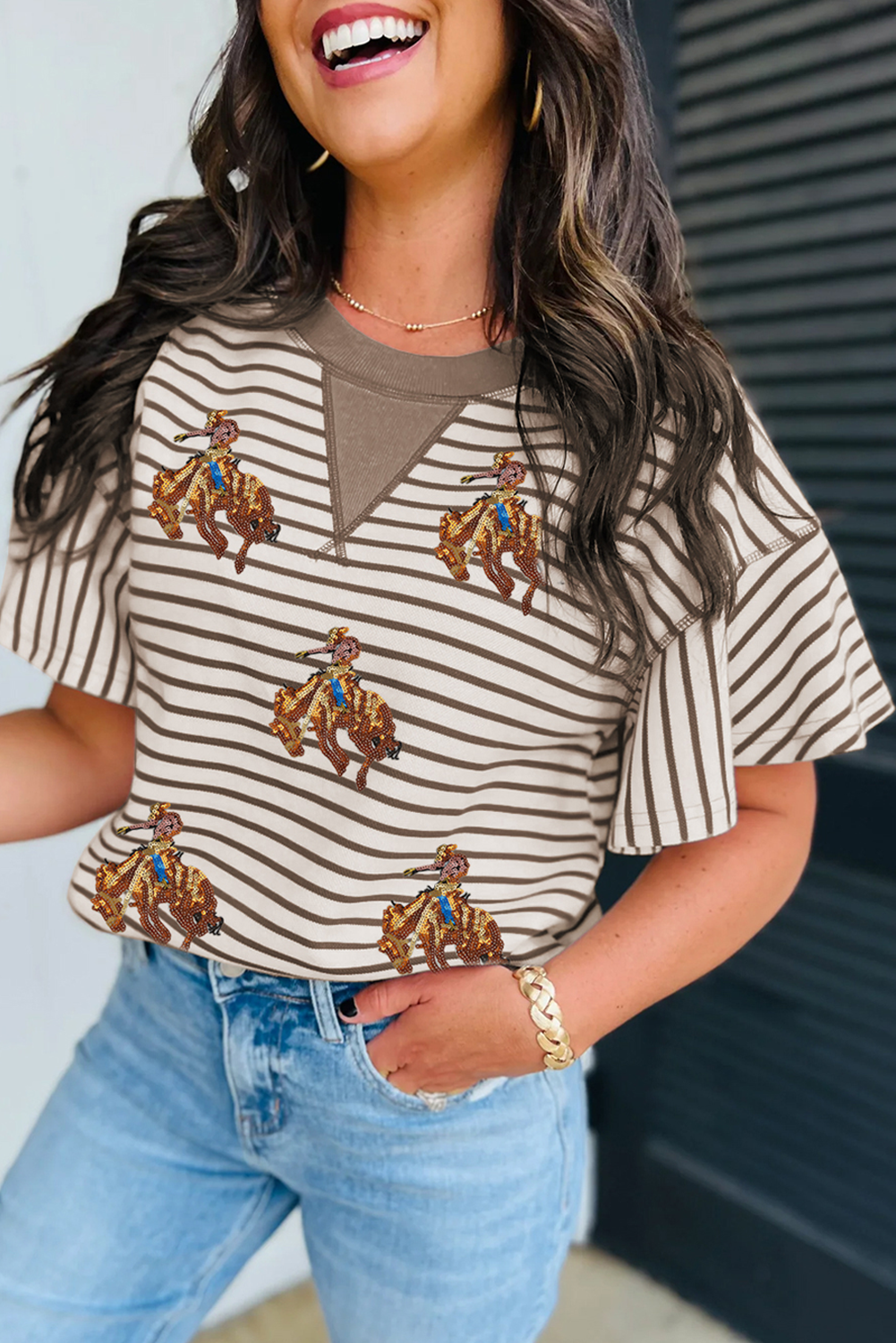 Parchment Sequin Rodeo Patch Pattern Striped Ruffled Sleeve Blouse