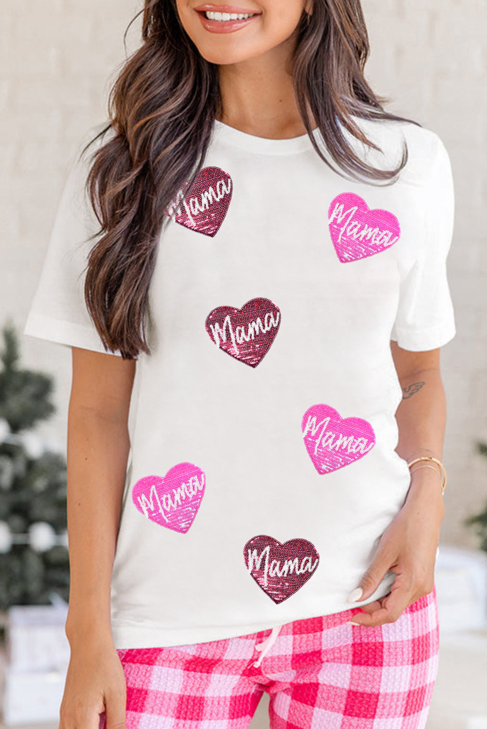 White Sequin mama Heart Graphic Patched Crew Neck T Shirt