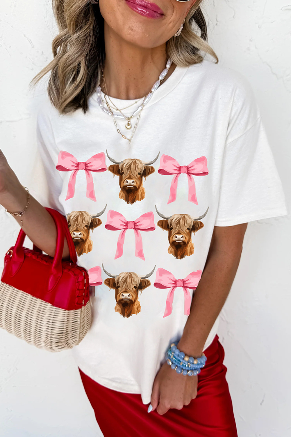 White Cows and Bows Graphic Crew Neck Tee