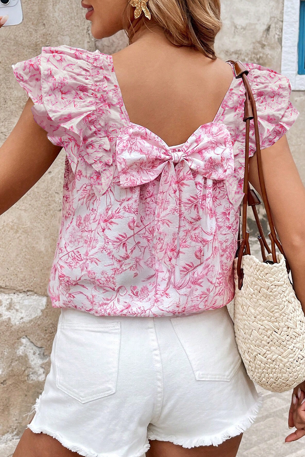 Pink Floral Ruffle Short Sleeve Bow Back Blouse