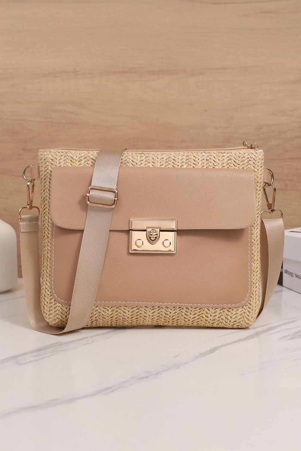 Thai Curry Leather Pocket Patchwork Staw Woven Shoulder Bag