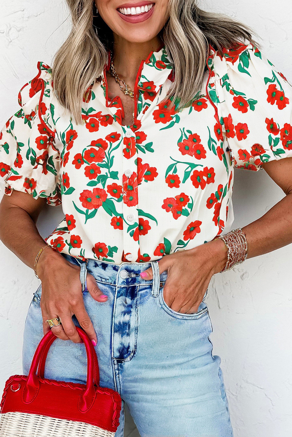 Red Floral Print Ruffle Puff Sleeve Summer Shirt