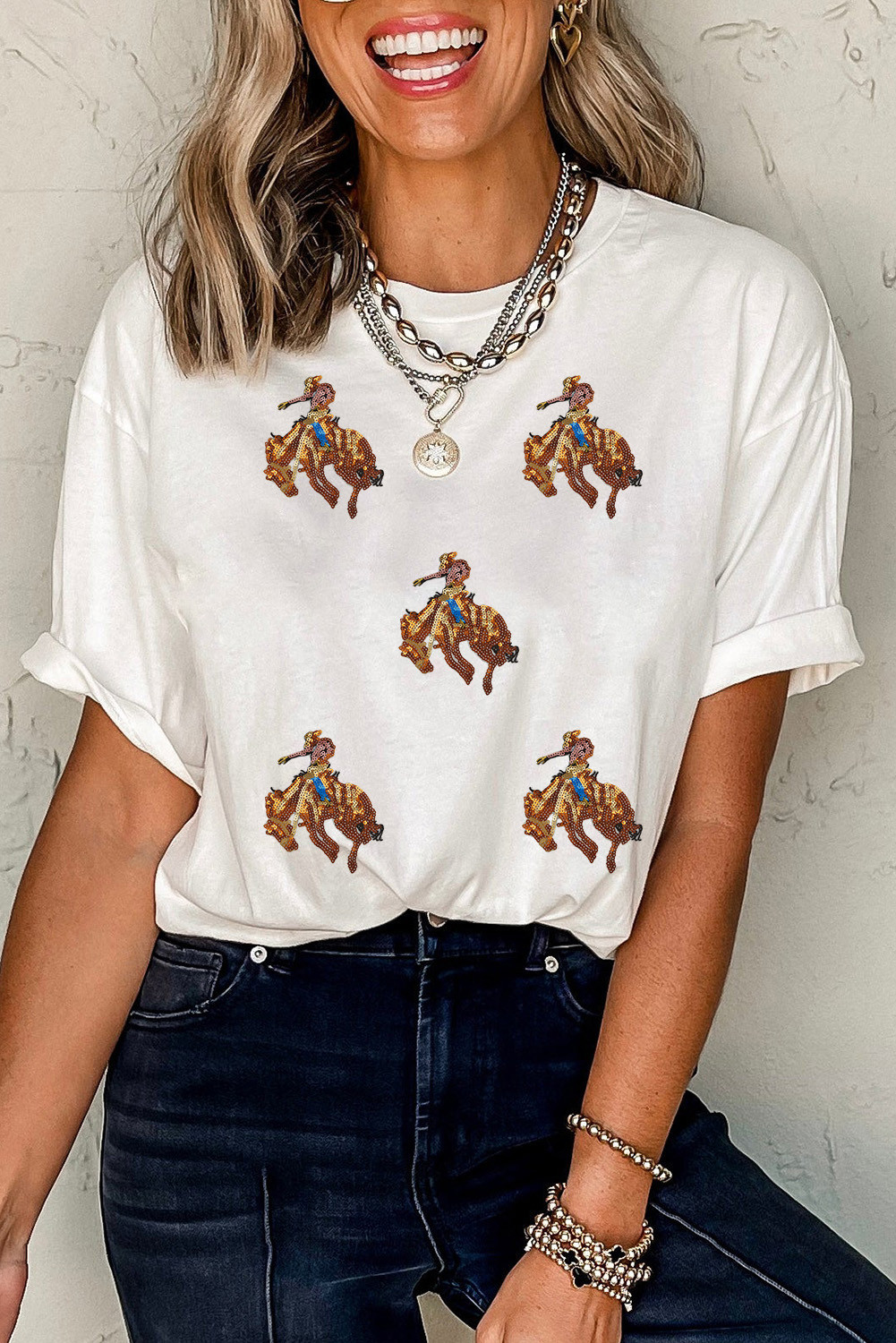 White Sequin Rodeo Graphic Casual Round Neck Tee