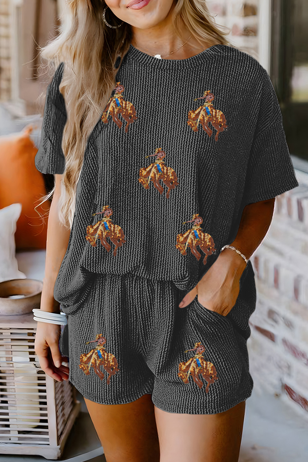 Carbon Grey Rodeo Graphic Patched T Shirt and Shorts Set