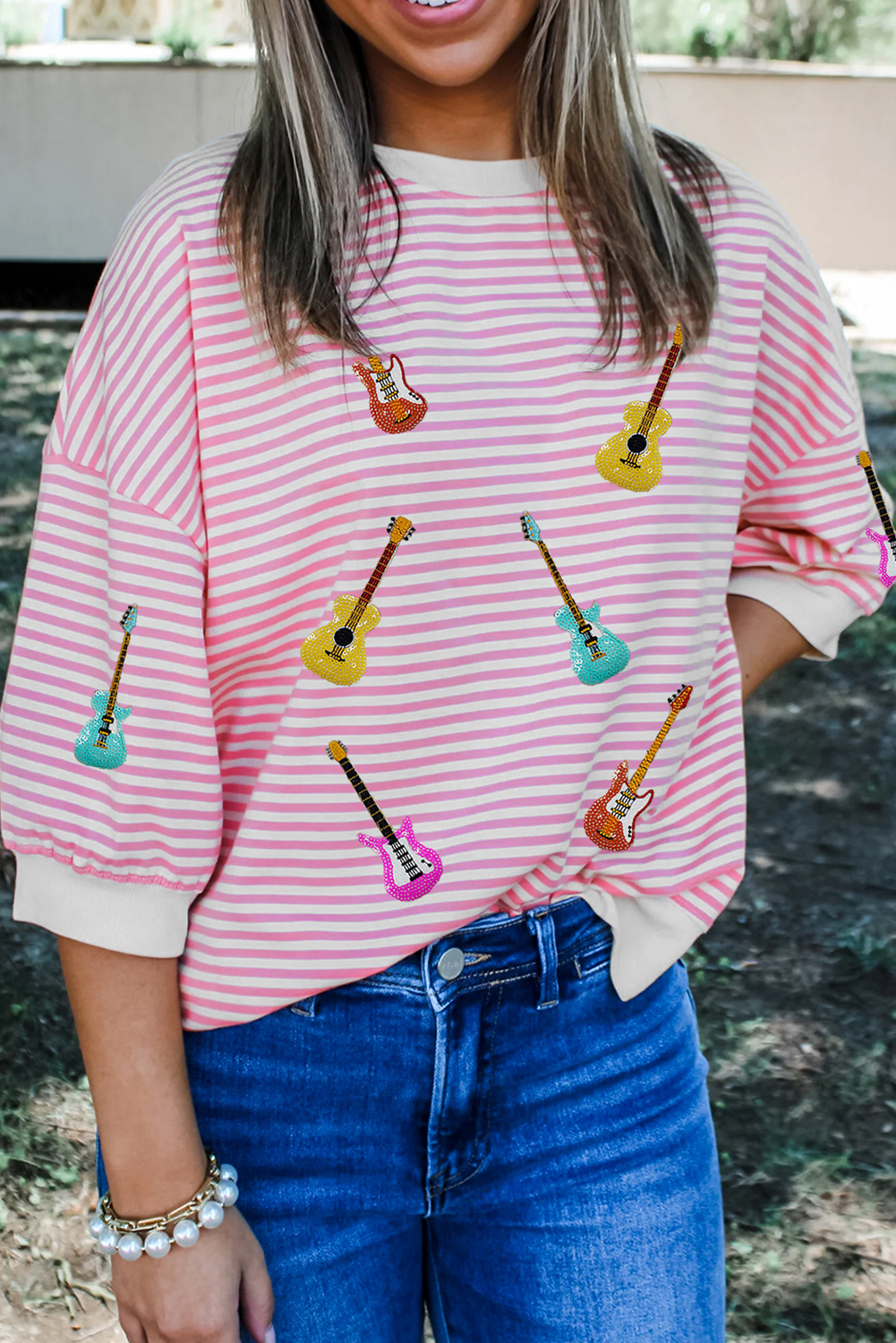 Pink Striped Guitar Patched Half Sleeve Crew Neck T Shirt