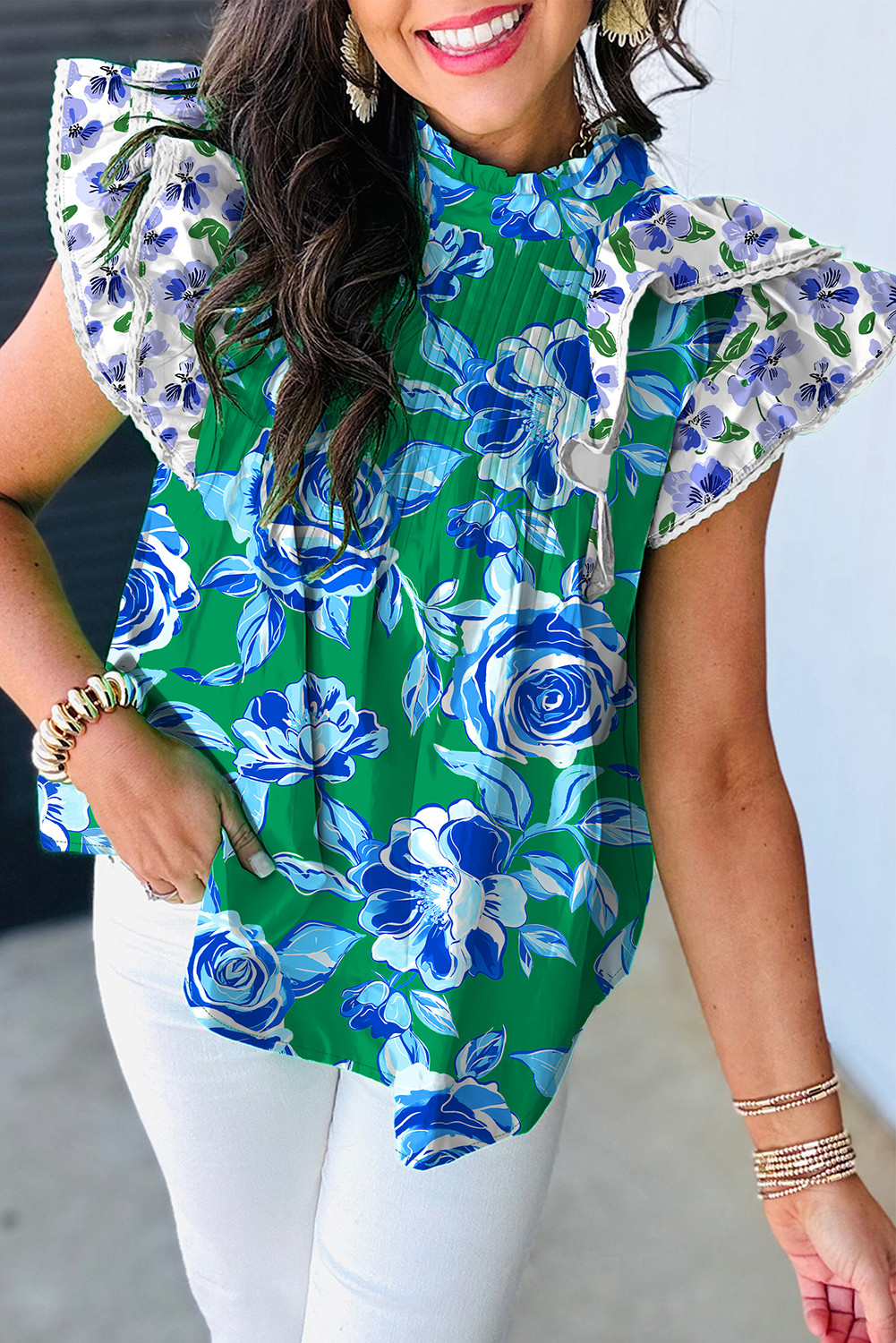 Green Floral Print Lace Trim Ruffle Sleeve Pleated Loose Blouse