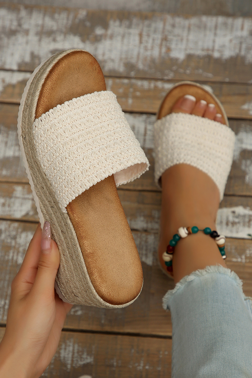 Shewin Wholesale Southern White Boho Woven One Band Wedge Slippers