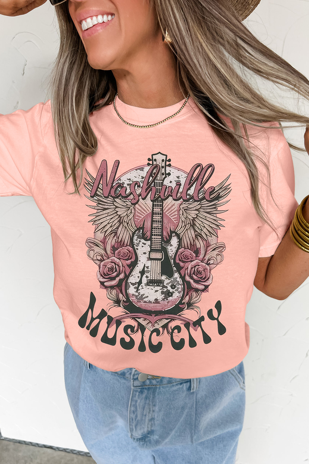 Pink Nashville Music City Guitar Graphic Tee