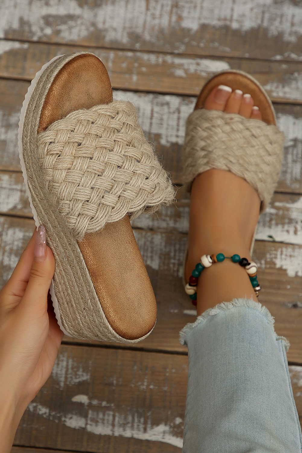 Shewin Wholesale Summer Smoke Gray Woven One Band Wedge Slippers