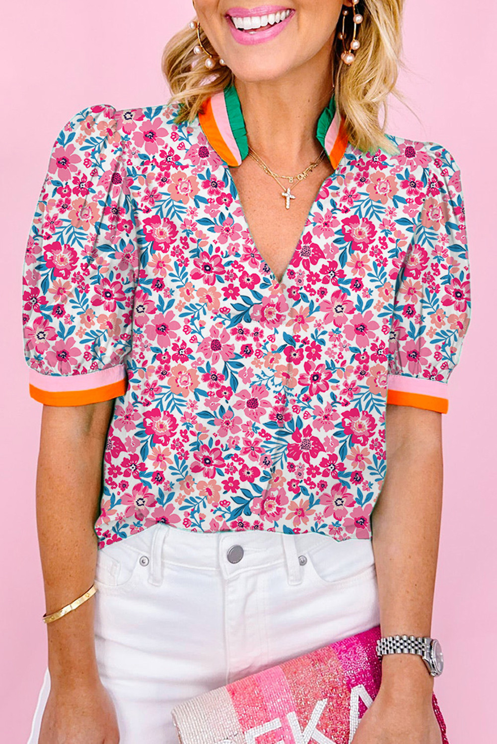 Pink Floral Print Striped Trim Puff Sleeve Blouse