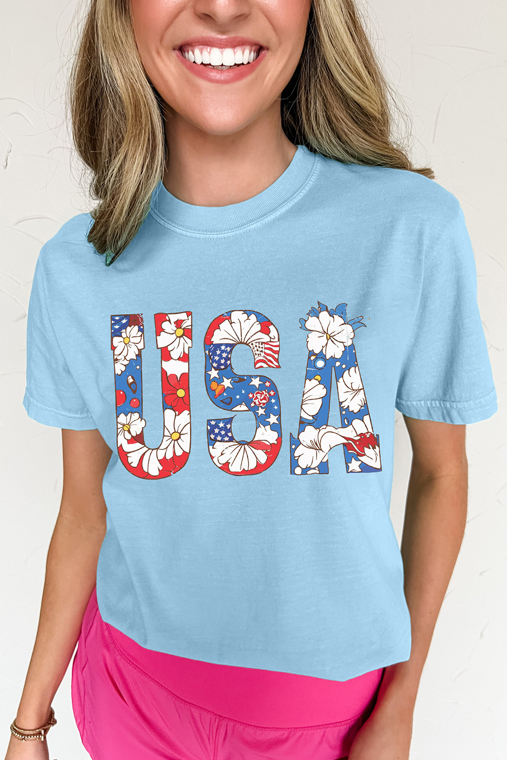 Light Blue Floral USA Letter Print T Shirt