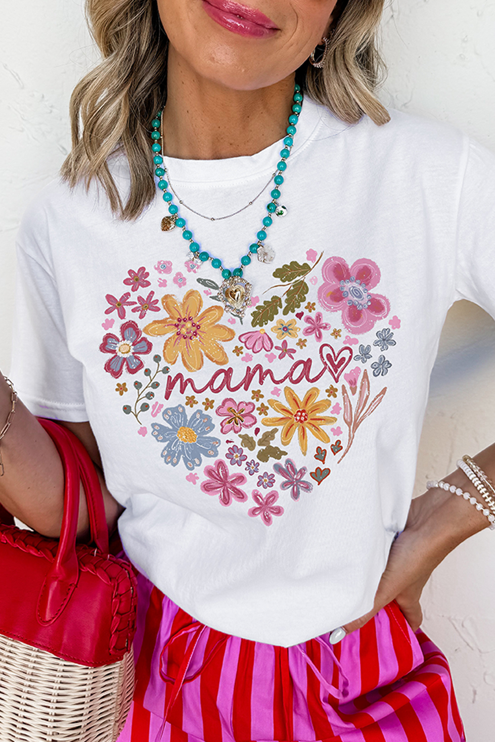 White MAMA Flower Heart Cotton Blend Graphic Tee
