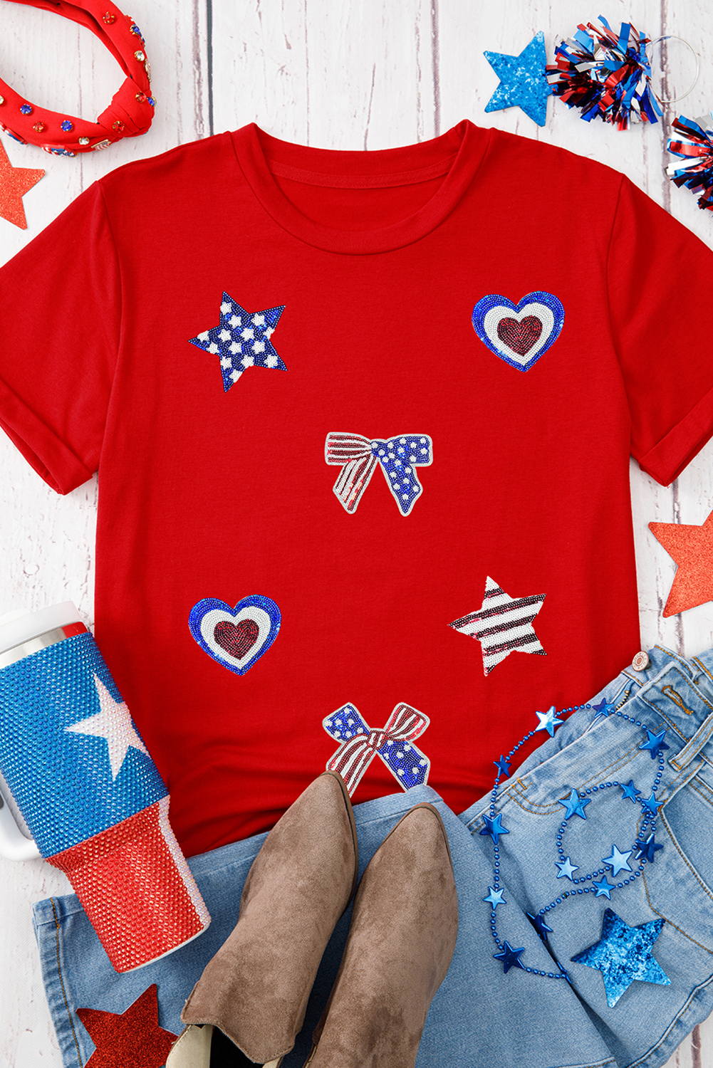 Red American Flag Sequined Pattern Crewneck Tee