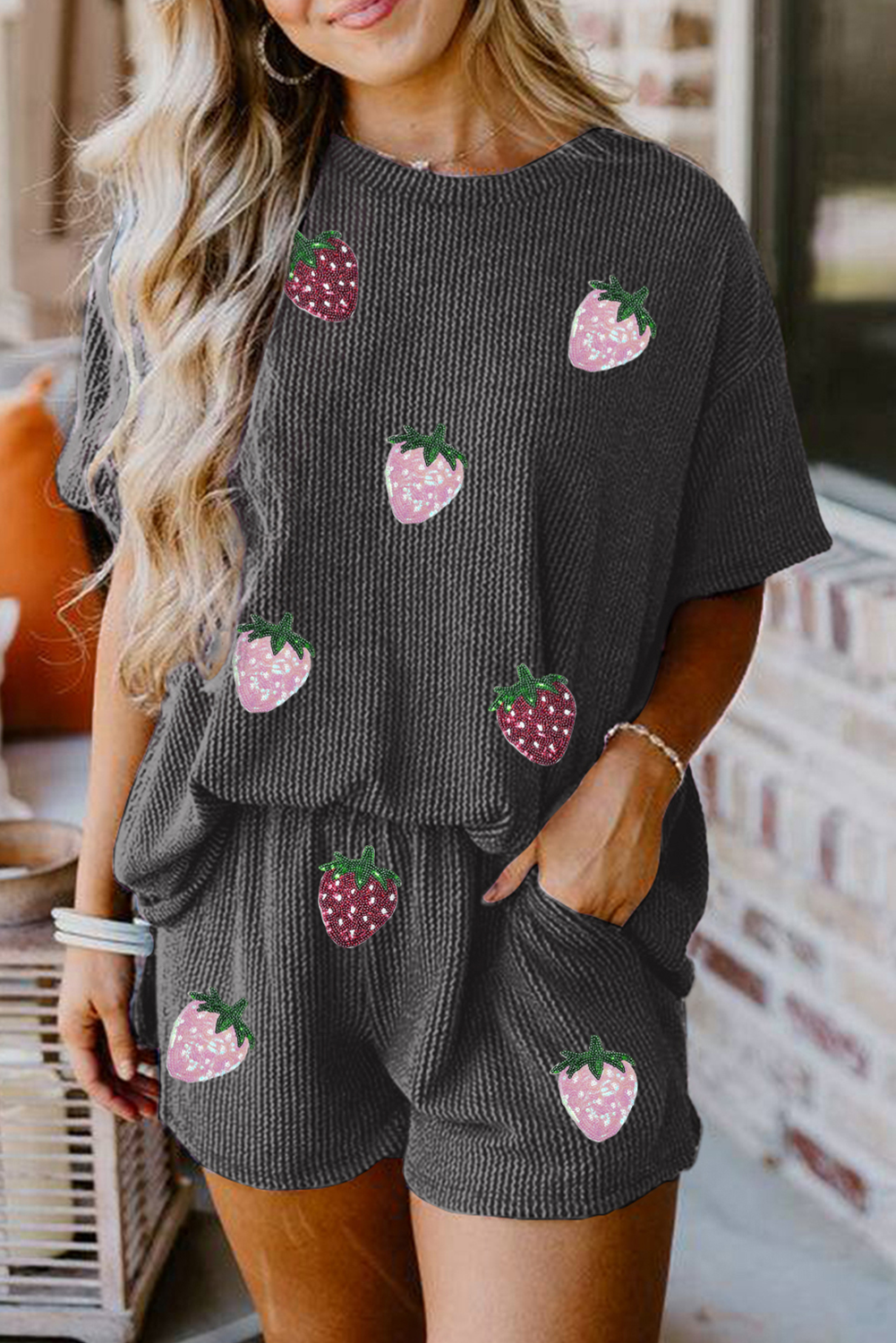 Carbon Grey Sequin Strawberry Patched Twist Ribbed T Shirt and Shorts Set
