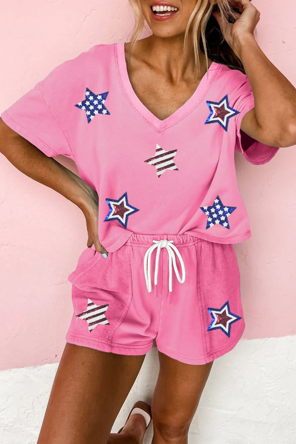 Bonbon Sequin American Flag Star Patch V Neck Tee and Short Set