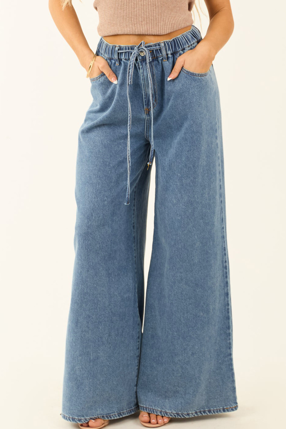 Dusk Blue Medium Wash Drawstring Waist Wide Leg Jeans