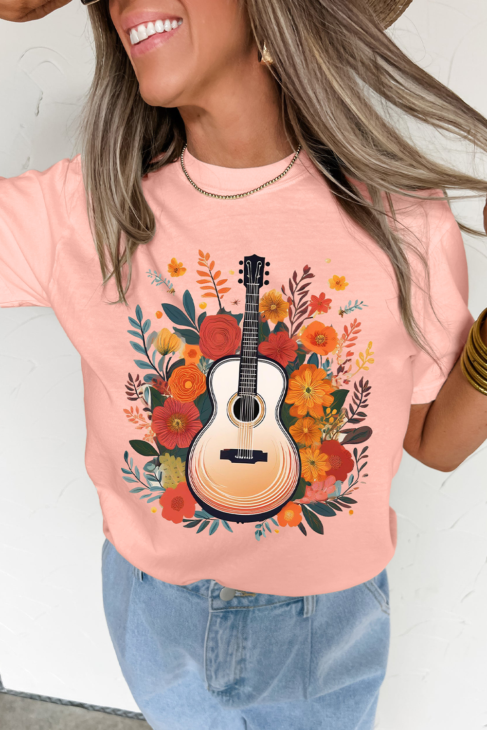 Pink Guitar Flower Graphic Crew Neck Loose T Shirt