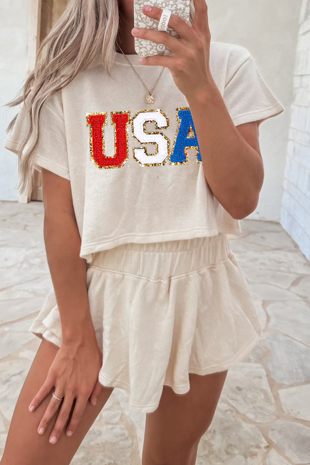 Beige USA Chenille Patched T Shirt and High Waist Skort Set