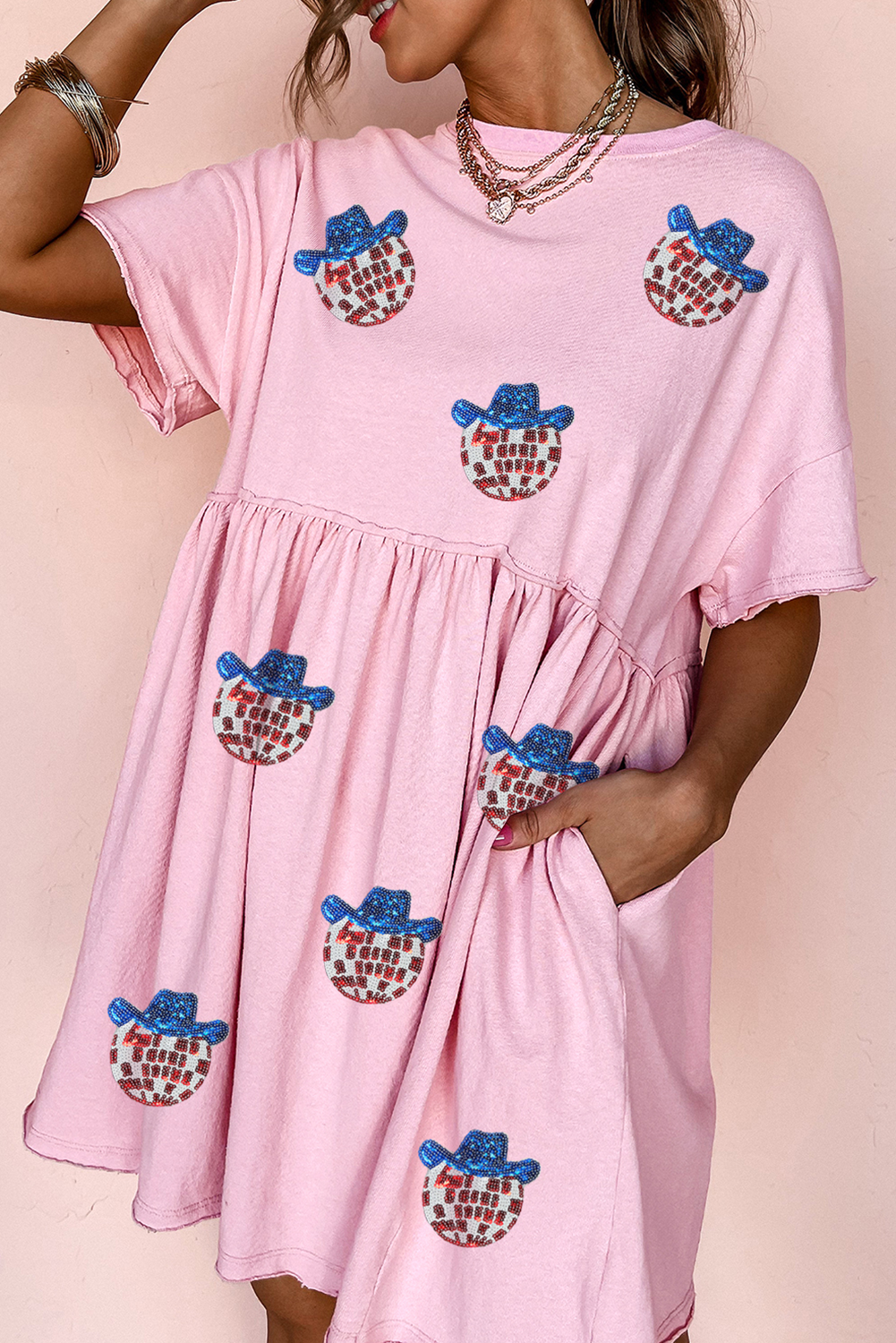 Light Pink Sequin Disco Ball Patched Shift Mini Dress