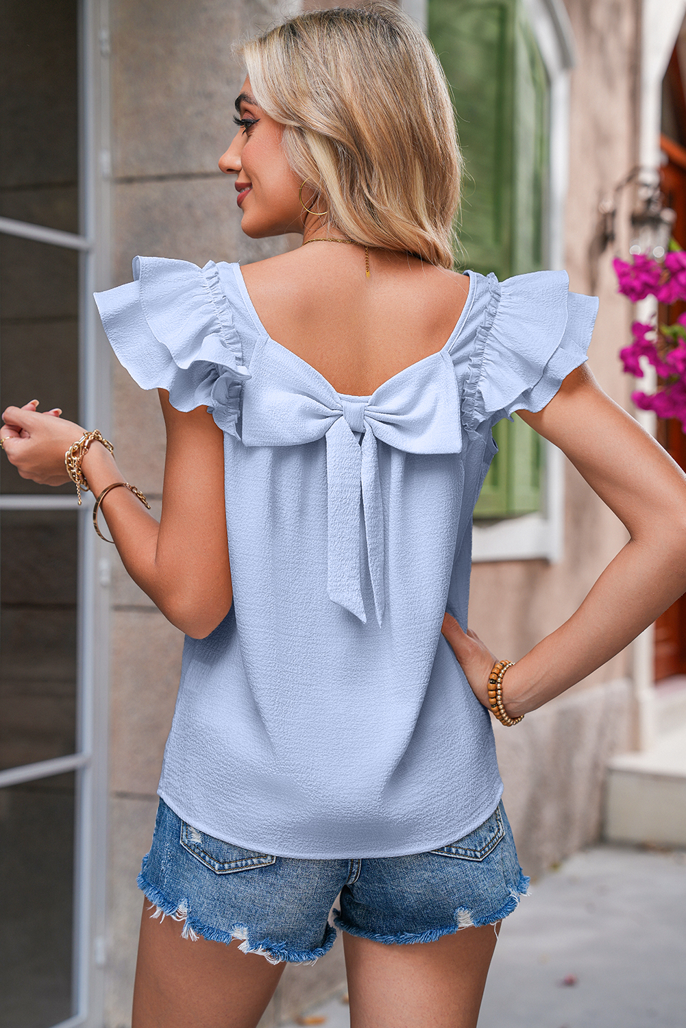 Shewin Wholesale CLOTHING Beau Blue Textured Bow Frilled Ruffle Sleeve Blouse