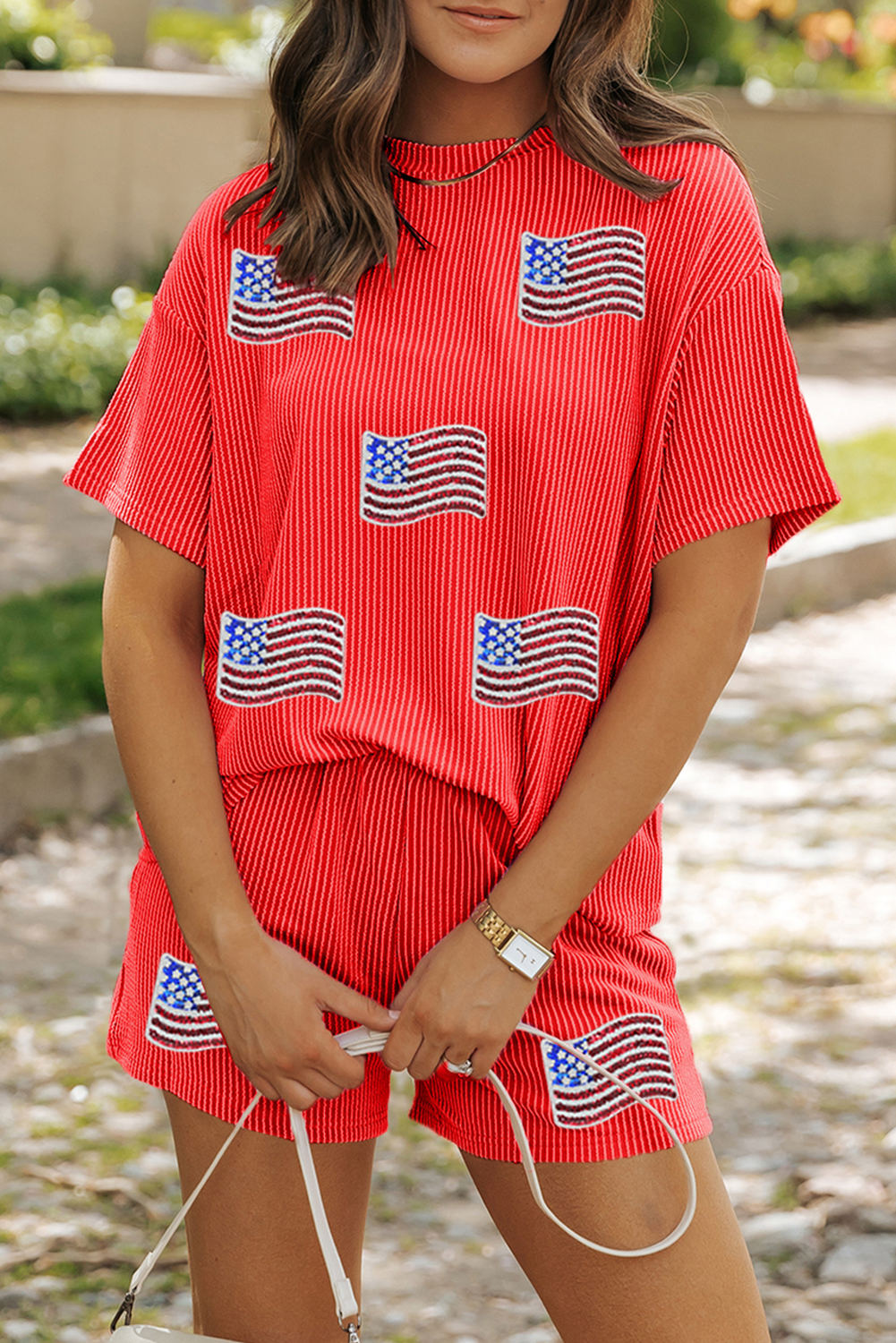 Orange Sequin American Flag Graphic T Shirt and Shorts Set