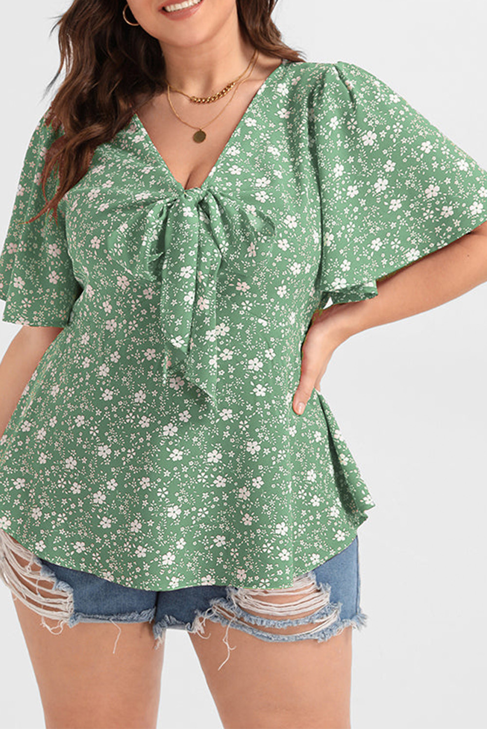 Green Floral Print Tie V Neck Plus Size Top