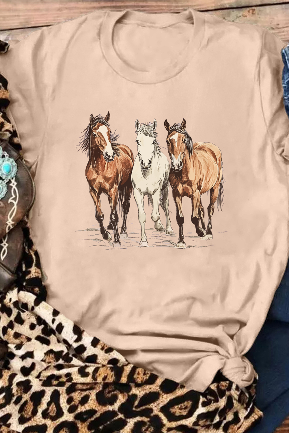 Khaki Horses Printed Casual T Shirt