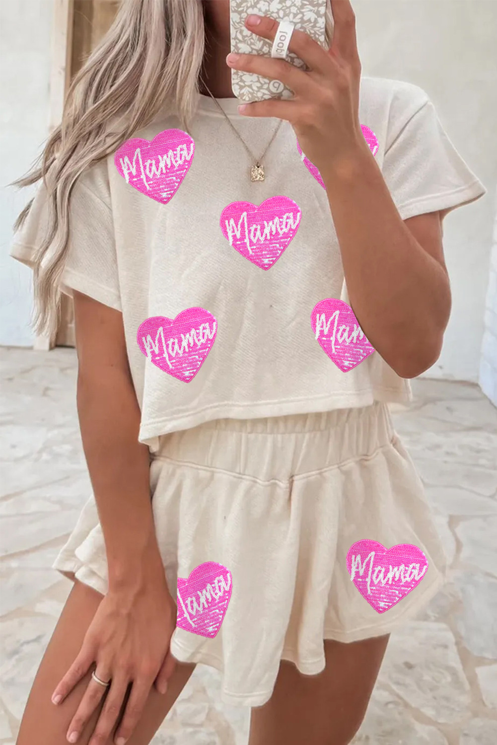 Beige Sequin Mama Heart Patched Loose Tee and Skorts Set
