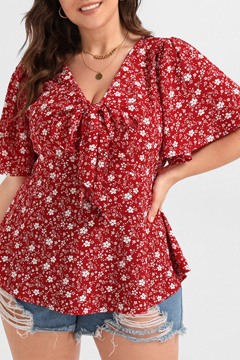 Red Floral Print Tie V Neck Plus Size Top
