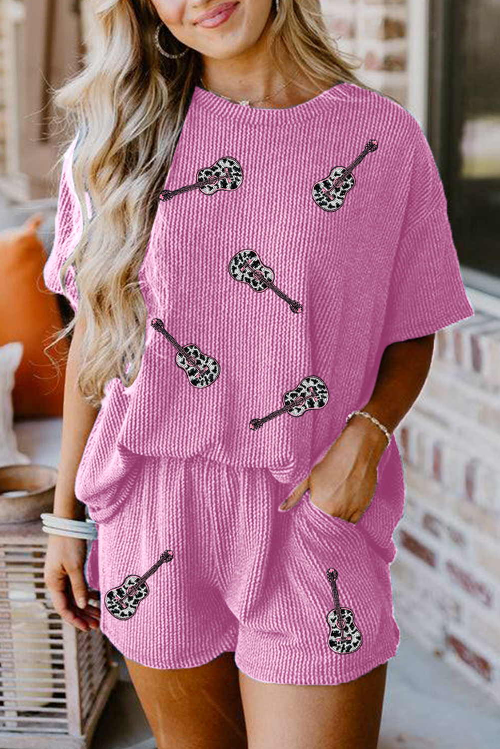 Phalaenopsis Sequin Guitar Patched T Shirt and Shorts Set