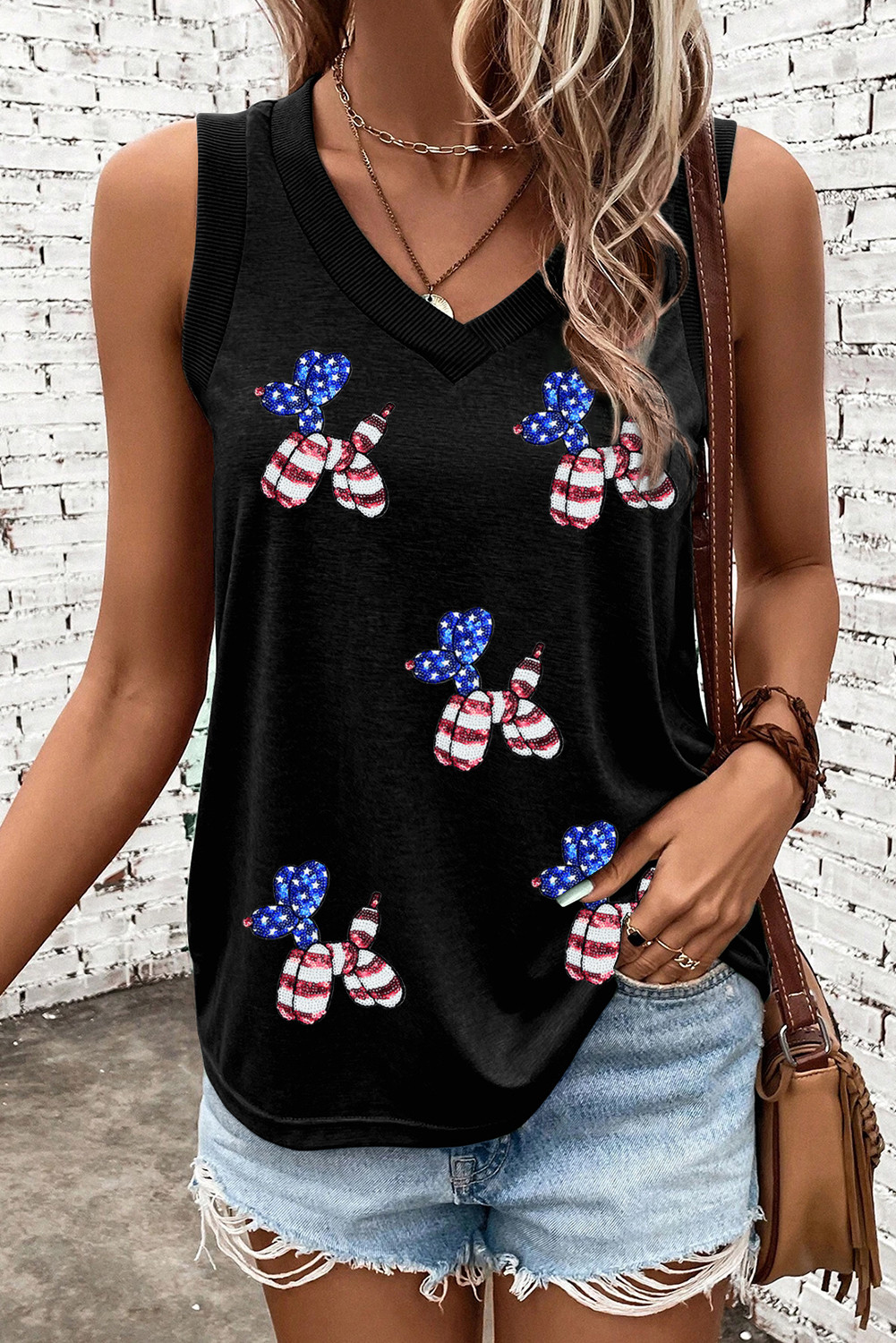 Black USA Flag Sequin Balloon Dog Graphic Tank Top