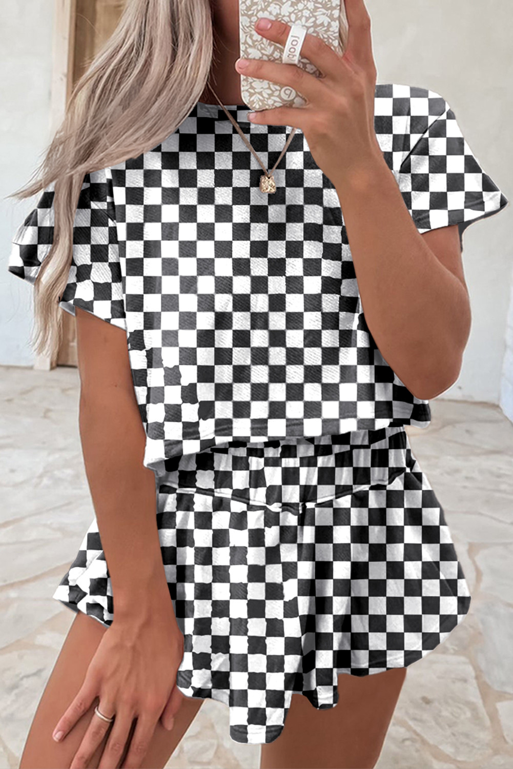 Black Checkerboard T Shirt and High Waist Skorts Set