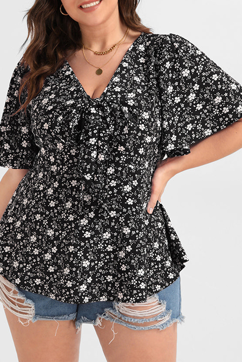 Black Floral Print Tie V Neck Plus Size Top